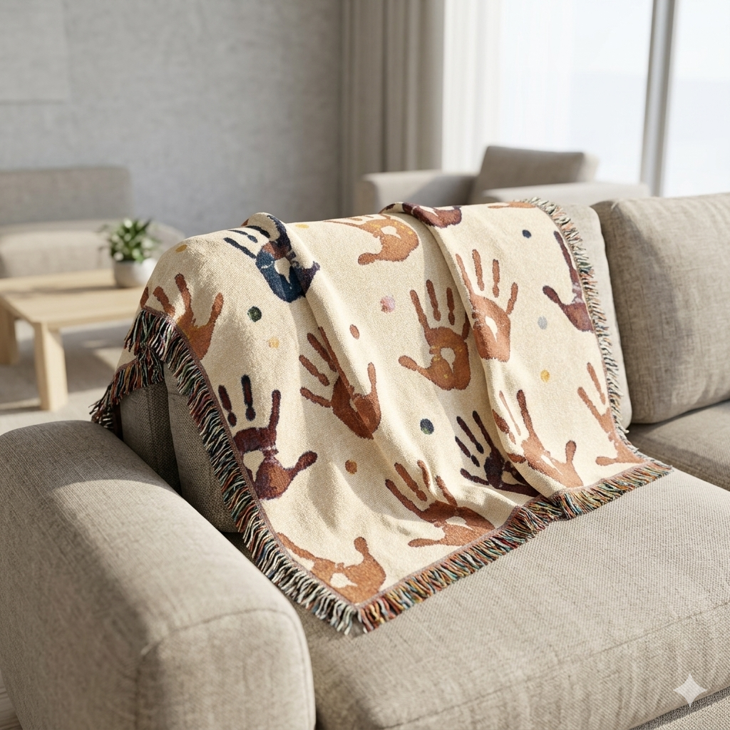 Handprint Woven Blanket — Cozy Decorative Throw with Playful Handprint Pattern