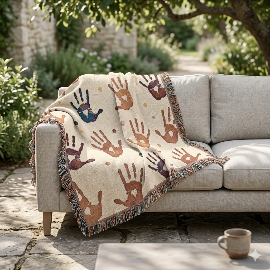Handprint Woven Blanket — Cozy Decorative Throw with Playful Handprint Pattern