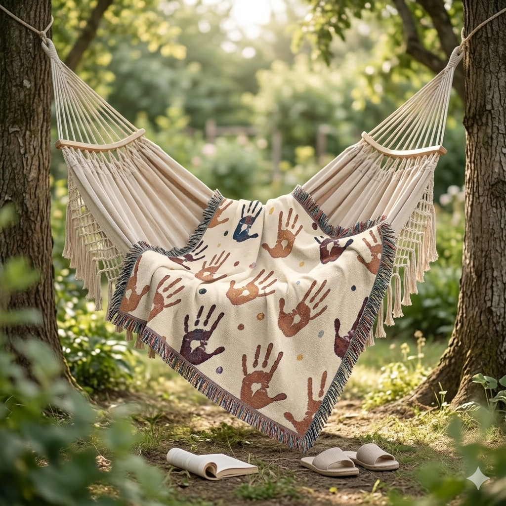 Handprint Woven Blanket — Cozy Decorative Throw with Playful Handprint Pattern