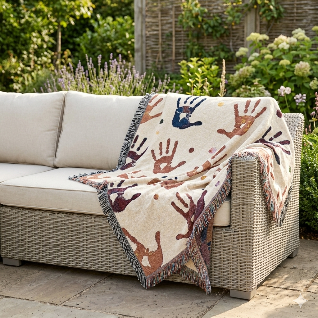 Handprint Woven Blanket — Cozy Decorative Throw with Playful Handprint Pattern