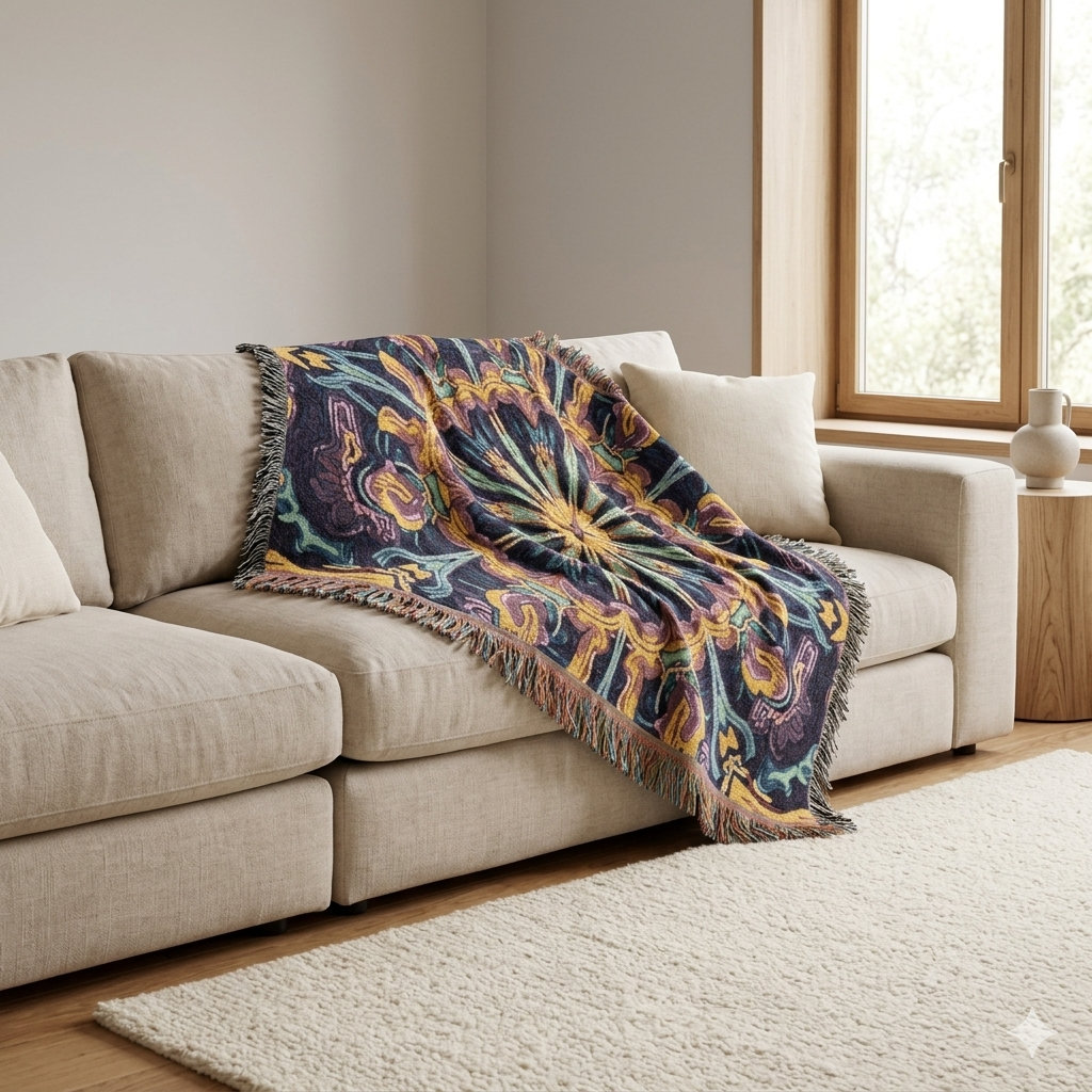 Bohemian Mosaic Woven Blanket — Vintage Tile Medallion Blanket Throw