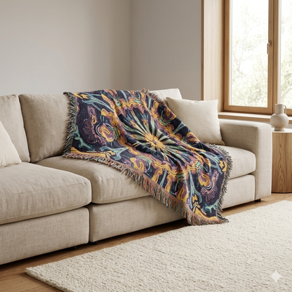 Bohemian Mosaic Woven Blanket — Vintage Tile Medallion Blanket Throw