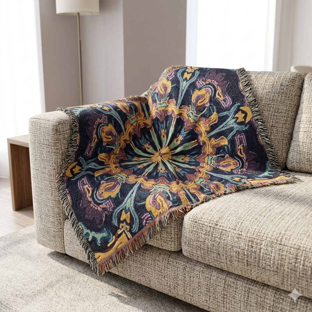 Bohemian Mosaic Woven Blanket — Vintage Tile Medallion Blanket Throw