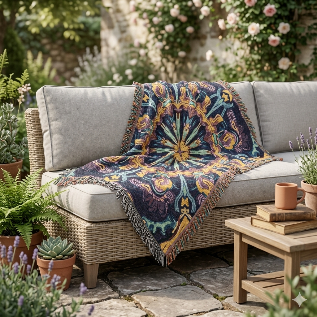 Bohemian Mosaic Woven Blanket — Vintage Tile Medallion Blanket Throw