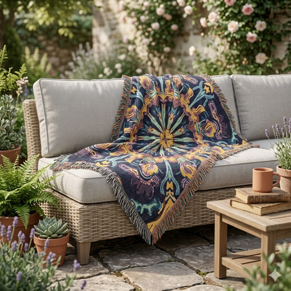 Bohemian Mosaic Woven Blanket — Vintage Tile Medallion Blanket Throw