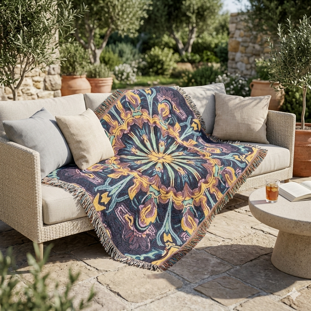 Bohemian Mosaic Woven Blanket — Vintage Tile Medallion Blanket Throw