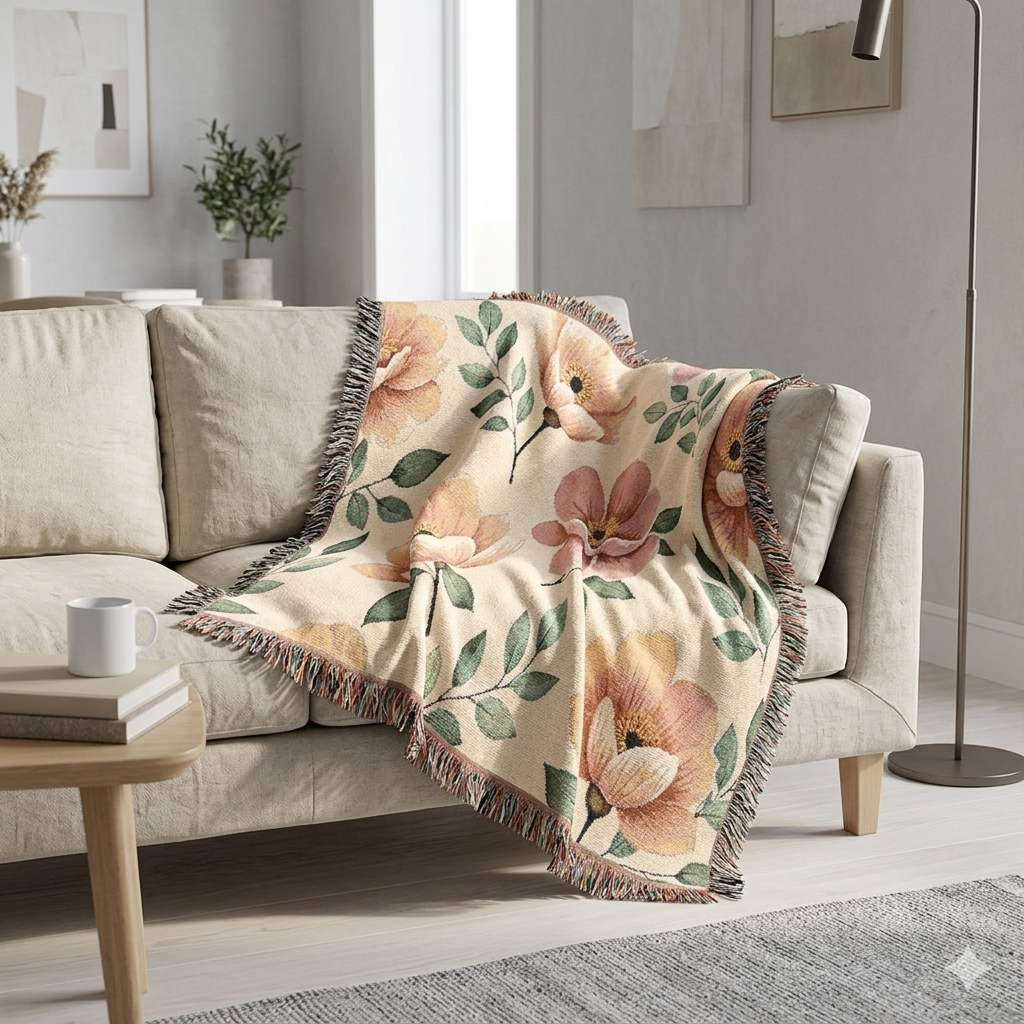 Floral Woven Blanket — Vintage Botanical Throw Blanket