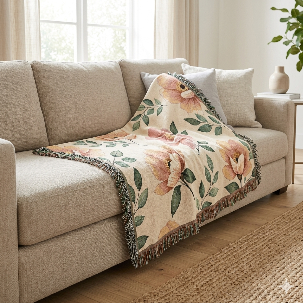 Floral Woven Blanket — Vintage Botanical Throw Blanket