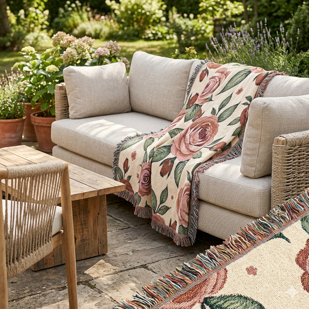 Floral Woven Blanket — Vintage Rose Throw for Living Room & Bedroom