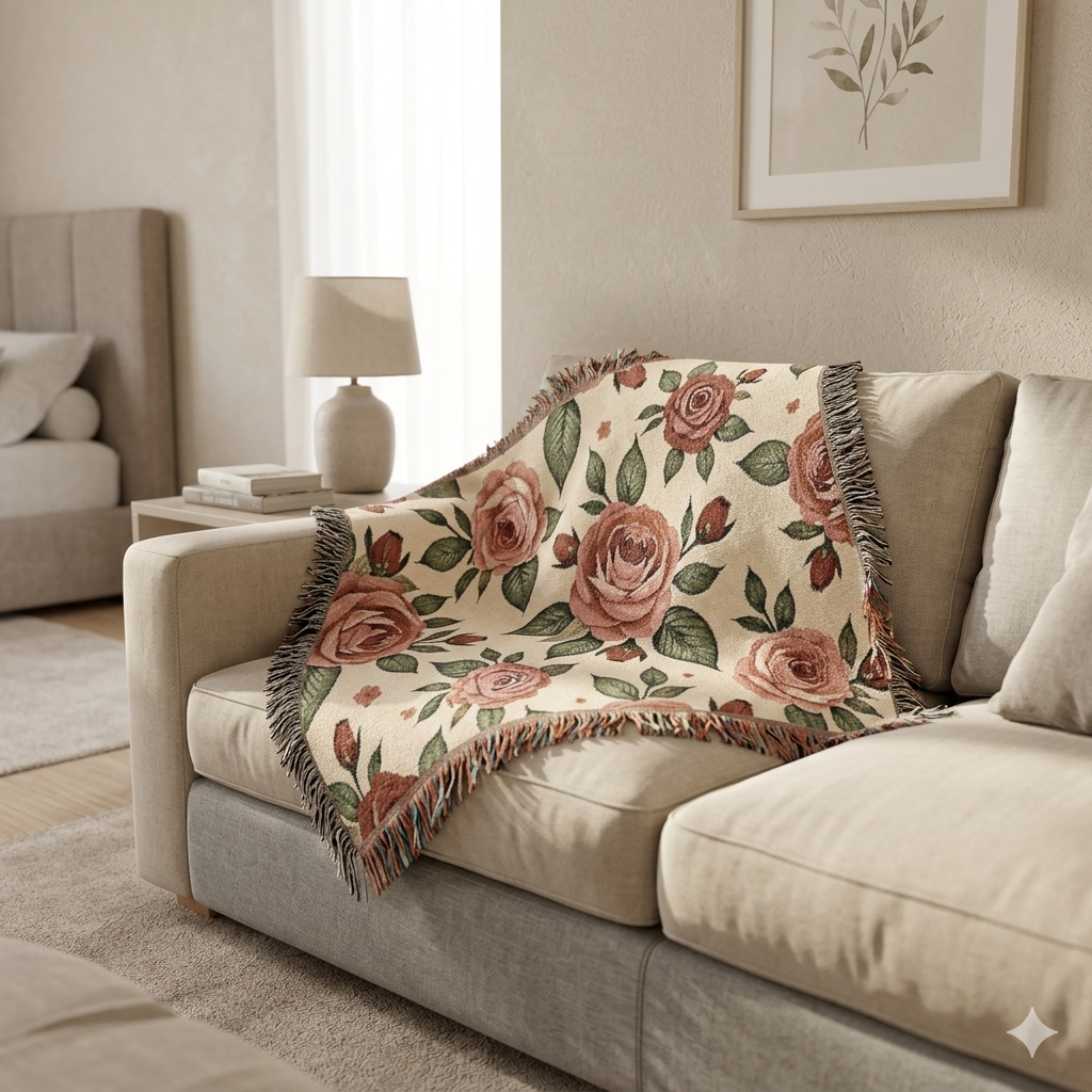 Floral Woven Blanket — Vintage Rose Throw for Living Room & Bedroom