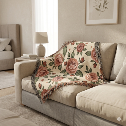 Floral Woven Blanket — Vintage Rose Throw for Living Room & Bedroom