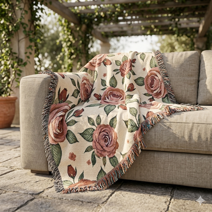 Floral Woven Blanket — Vintage Rose Throw for Living Room & Bedroom