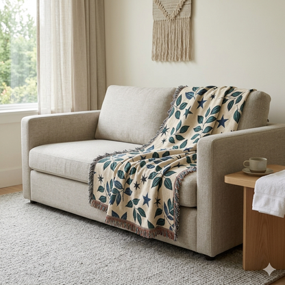 Botanical Star Woven Blanket — Reversible Leaf & Star Pattern Throw