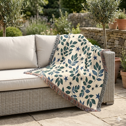 Botanical Star Woven Blanket — Reversible Leaf & Star Pattern Throw
