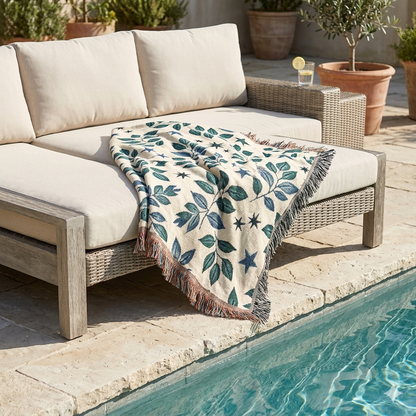Botanical Star Woven Blanket — Reversible Leaf & Star Pattern Throw
