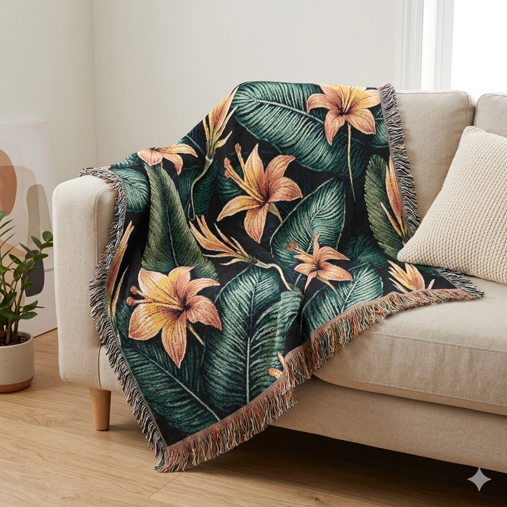 Tropical Lily Woven Blanket — Floral Throw for Living Room & Patio