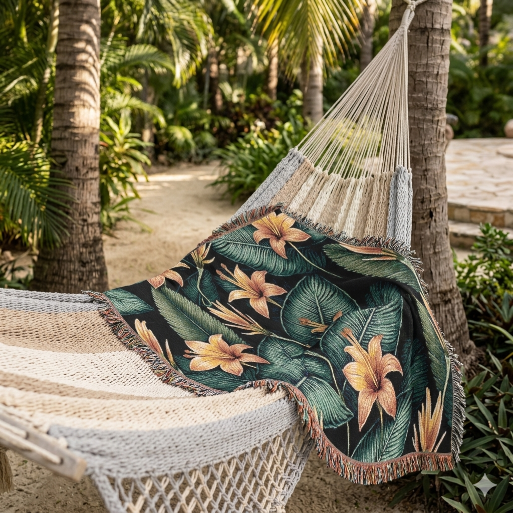 Tropical Lily Woven Blanket — Floral Throw for Living Room & Patio
