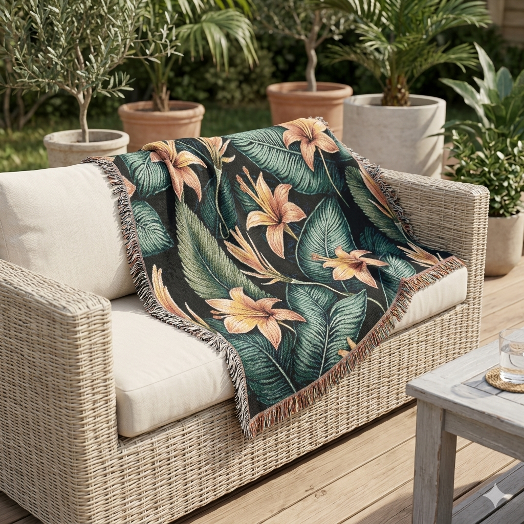 Tropical Lily Woven Blanket — Floral Throw for Living Room & Patio