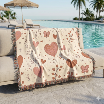 Heart Pattern Woven Blanket — Boho Floral Throw for Cozy Living & Valentine Gifts
