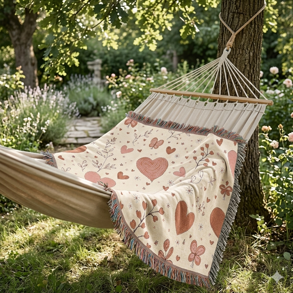 Heart Pattern Woven Blanket — Boho Floral Throw for Cozy Living & Valentine Gifts