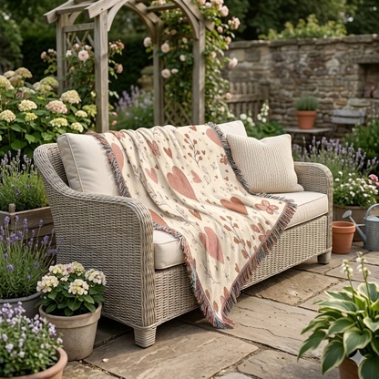 Heart Pattern Woven Blanket — Boho Floral Throw for Cozy Living & Valentine Gifts