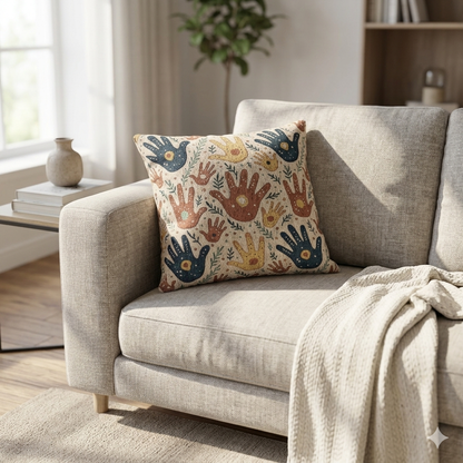 Woven Pillow — Boho Handprint Pattern Decorative Throw Pillow (Earth Tones)