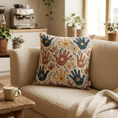 Woven Pillow — Boho Handprint Pattern Decorative Throw Pillow (Earth Tones)