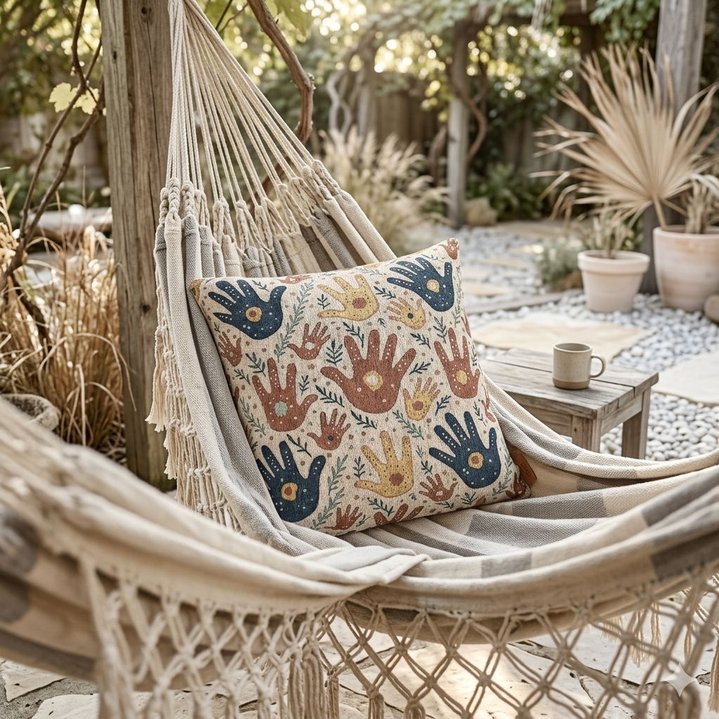 Woven Pillow — Boho Handprint Pattern Decorative Throw Pillow (Earth Tones)