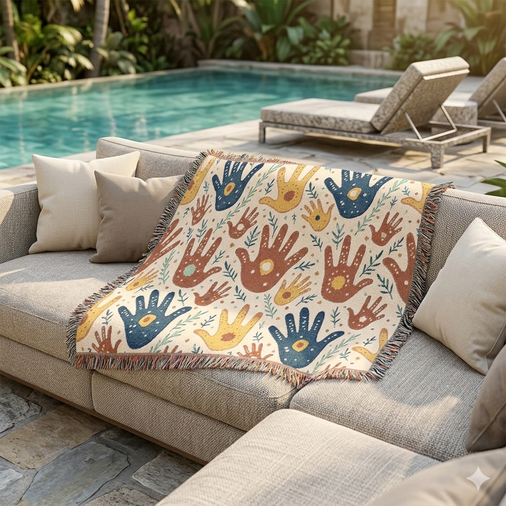 Handprint Pattern Woven Blanket — Boho Tribal Throw for Living Room, Nursery, or Gift