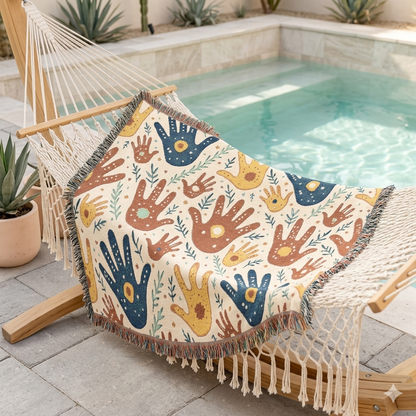 Handprint Pattern Woven Blanket — Boho Tribal Throw for Living Room, Nursery, or Gift