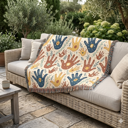 Handprint Pattern Woven Blanket — Boho Tribal Throw for Living Room, Nursery, or Gift