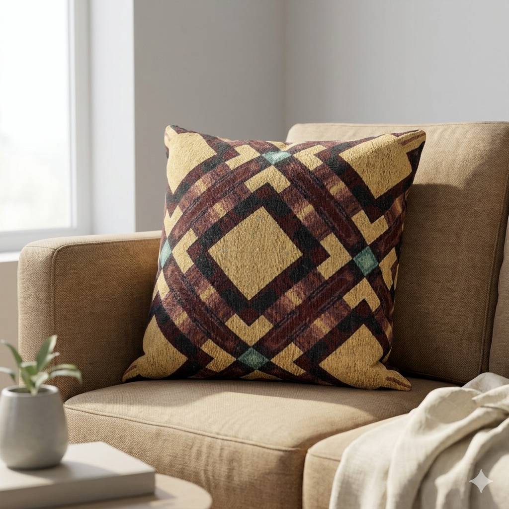 Woven Pillow — Geometric Boho Throw Pillow with Warm Earth Tones