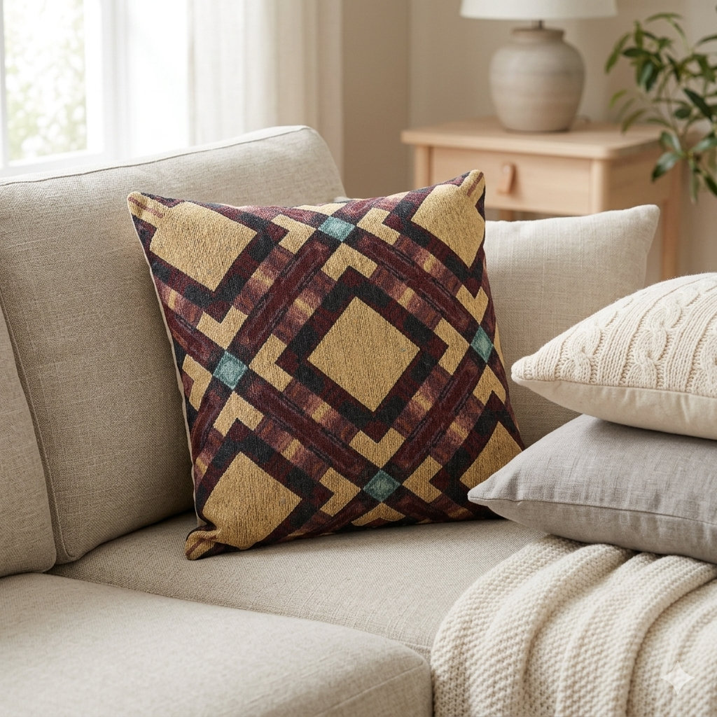 Woven Pillow — Geometric Boho Throw Pillow with Warm Earth Tones