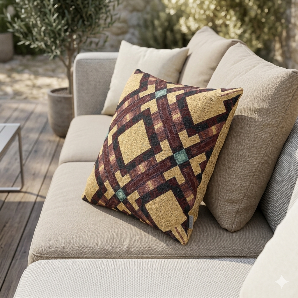 Woven Pillow — Geometric Boho Throw Pillow with Warm Earth Tones