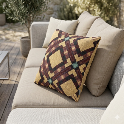 Woven Pillow — Geometric Boho Throw Pillow with Warm Earth Tones