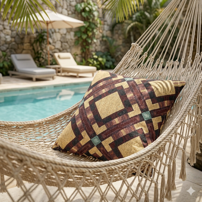 Woven Pillow — Geometric Boho Throw Pillow with Warm Earth Tones