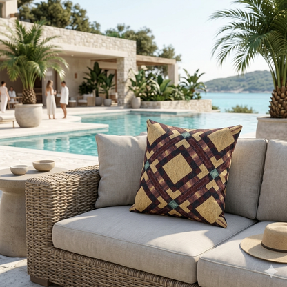 Woven Pillow — Geometric Boho Throw Pillow with Warm Earth Tones