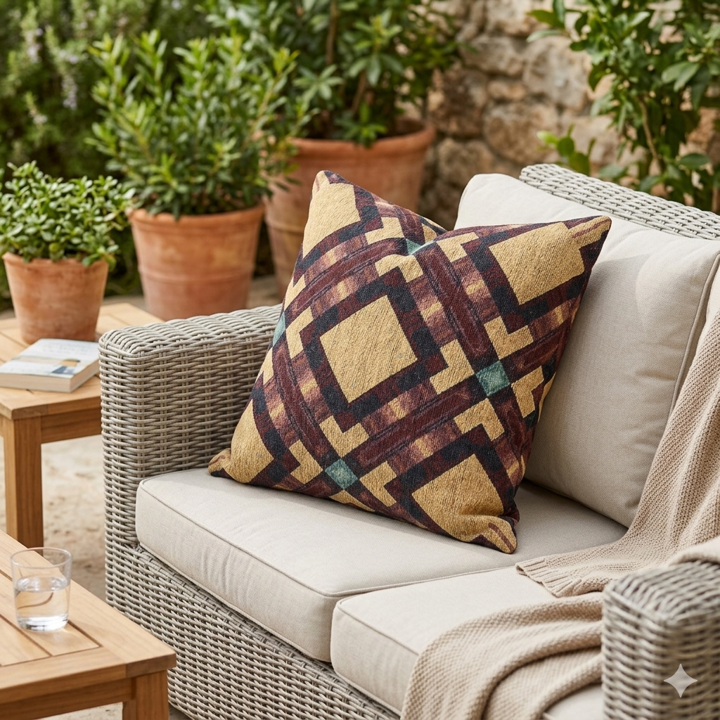 Woven Pillow — Geometric Boho Throw Pillow with Warm Earth Tones