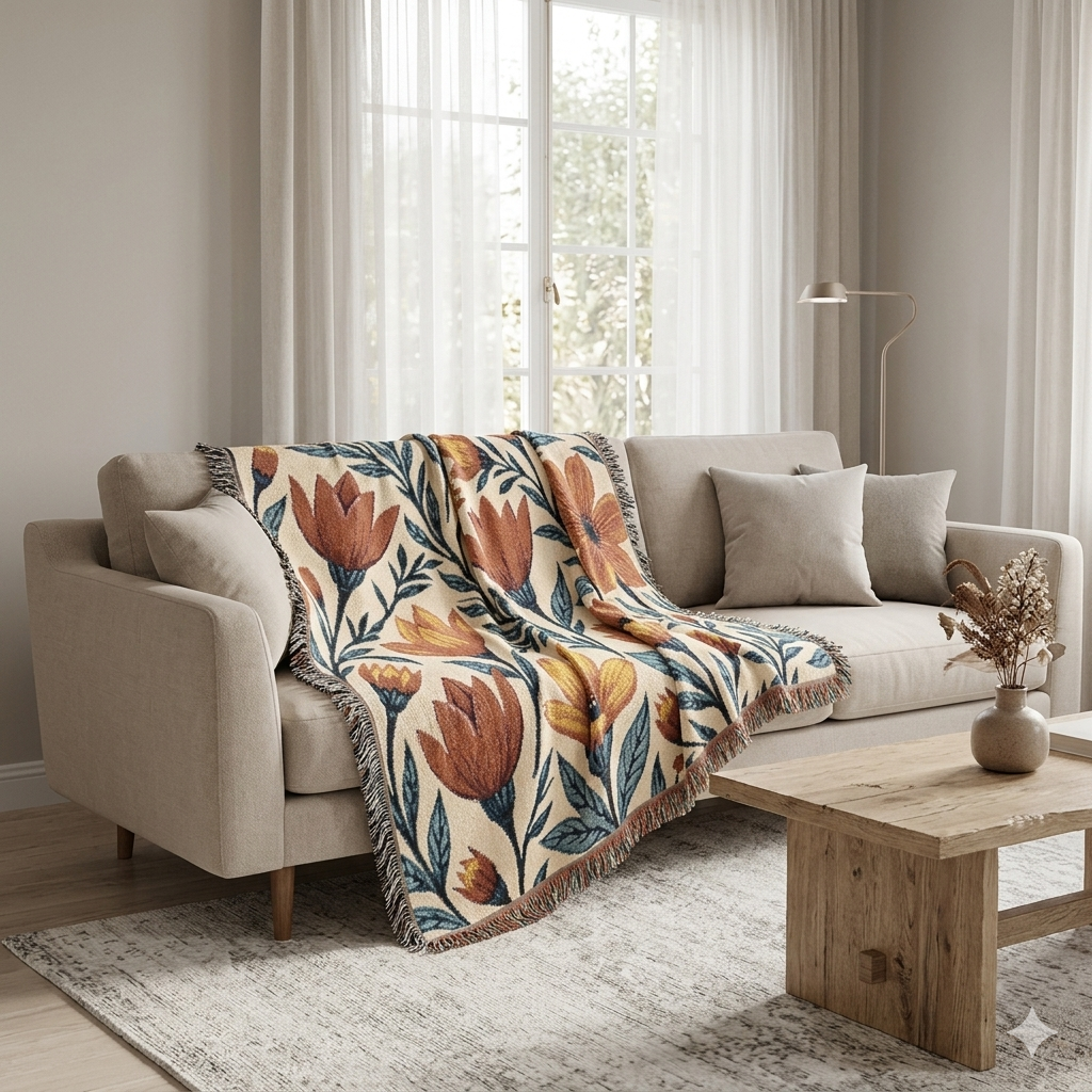 Woven Blanket — Boho Floral Throw Blanket, Vintage-Inspired Tulip & Poppy Pattern