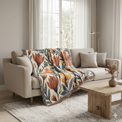 Woven Blanket — Boho Floral Throw Blanket, Vintage-Inspired Tulip & Poppy Pattern