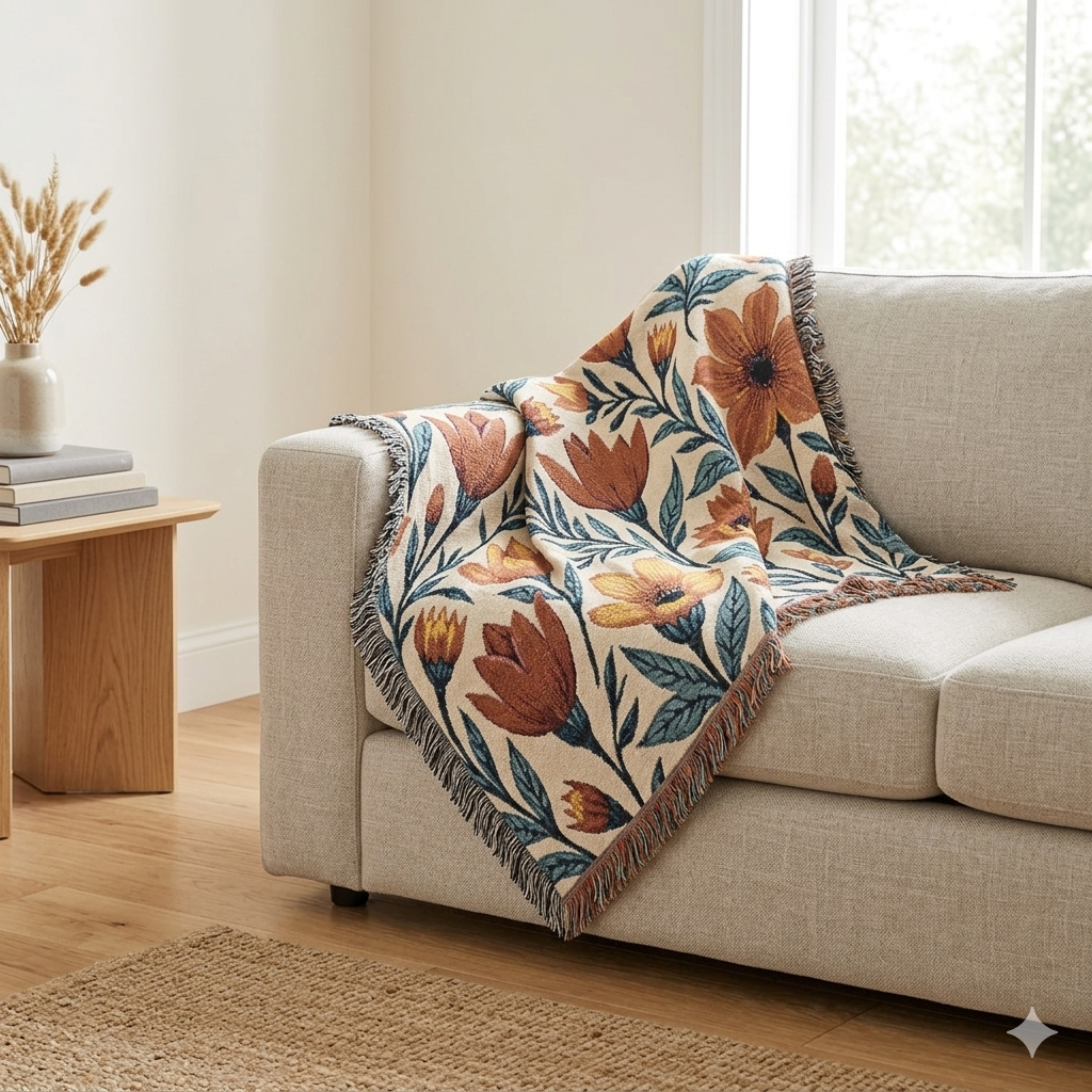 Woven Blanket — Boho Floral Throw Blanket, Vintage-Inspired Tulip & Poppy Pattern