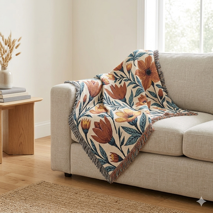 Woven Blanket — Boho Floral Throw Blanket, Vintage-Inspired Tulip & Poppy Pattern