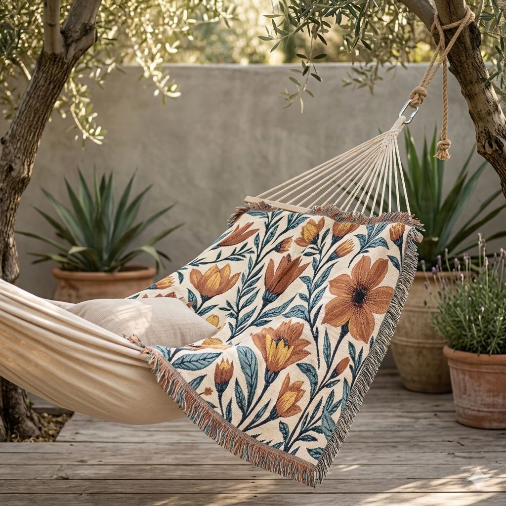 Woven Blanket — Boho Floral Throw Blanket, Vintage-Inspired Tulip & Poppy Pattern