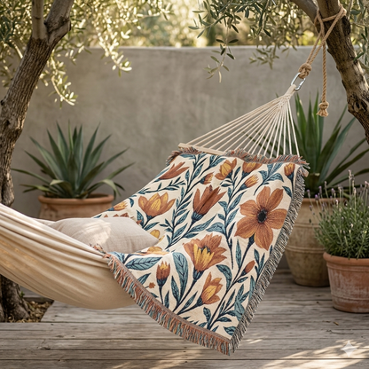 Woven Blanket — Boho Floral Throw Blanket, Vintage-Inspired Tulip & Poppy Pattern