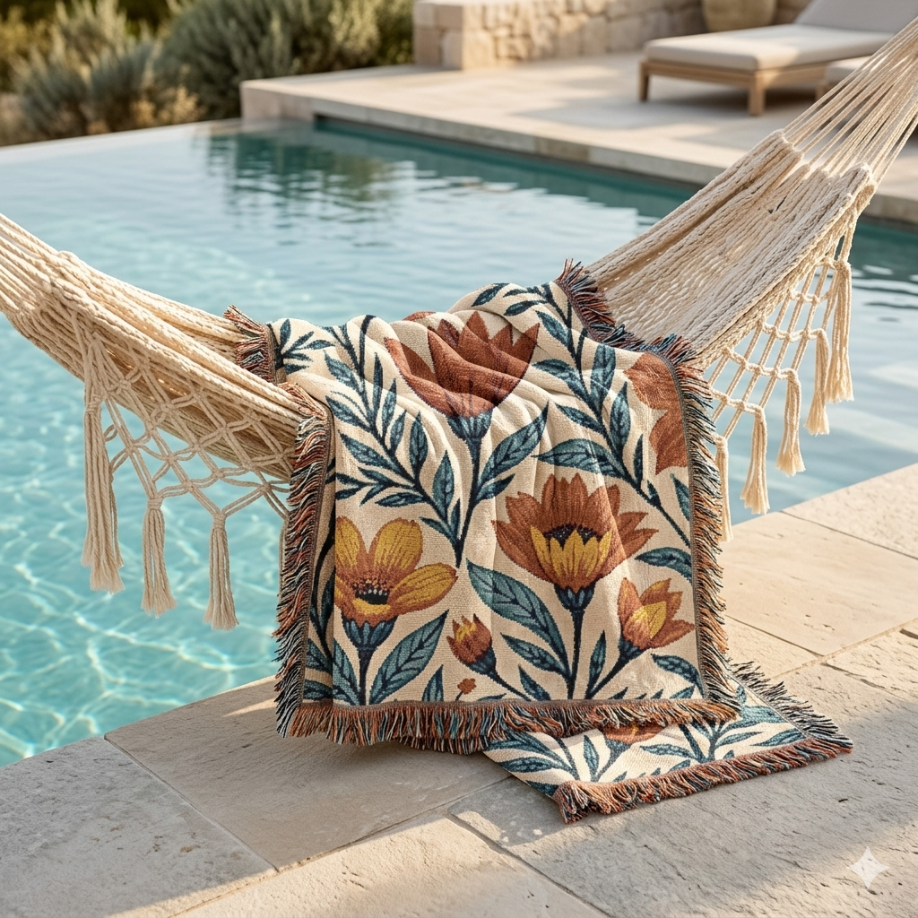 Woven Blanket — Boho Floral Throw Blanket, Vintage-Inspired Tulip & Poppy Pattern