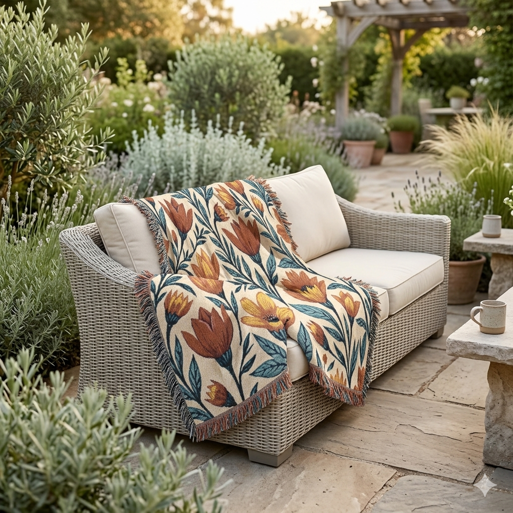 Woven Blanket — Boho Floral Throw Blanket, Vintage-Inspired Tulip & Poppy Pattern