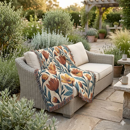 Woven Blanket — Boho Floral Throw Blanket, Vintage-Inspired Tulip & Poppy Pattern