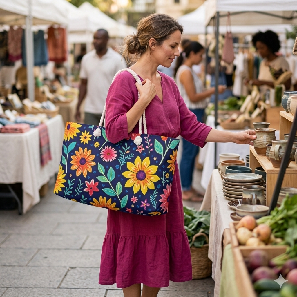 Floral Weekender Bag — Vibrant Navy Flower Travel Tote