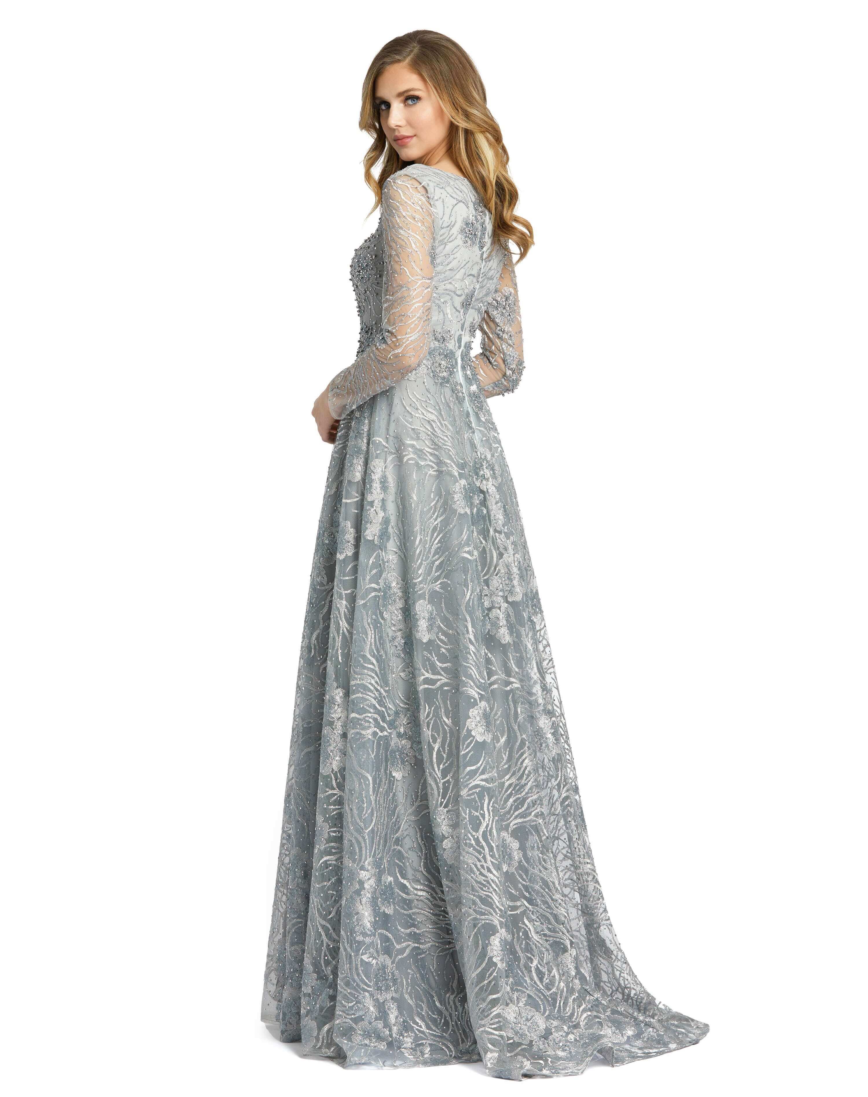 Floral Embroidered Long Sleeve Square Neck Gown