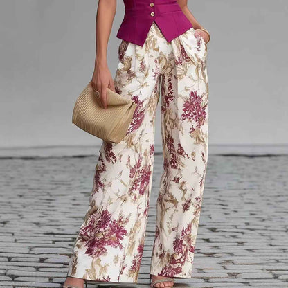 Elegant Buttoned Vest Top And Summer Slimming Wide-leg Pants Two-piece Set For Women